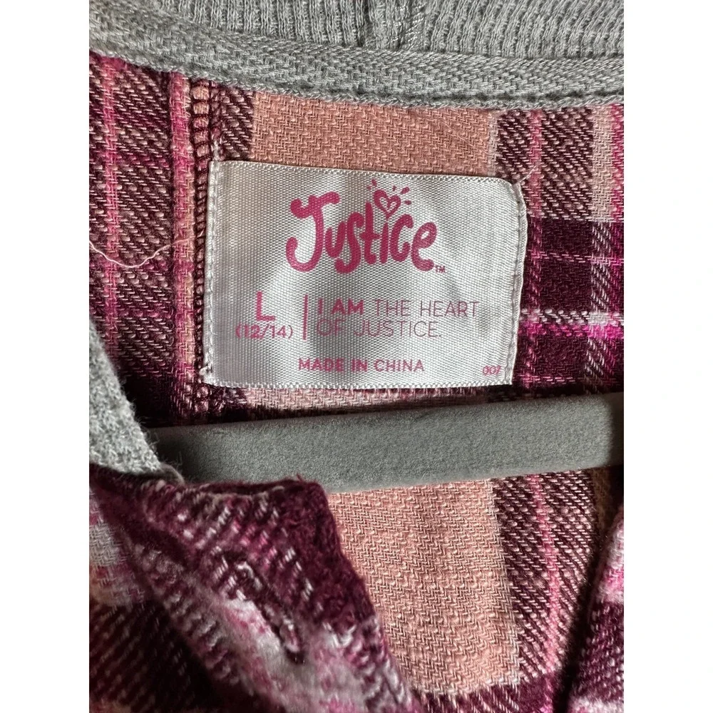 Justice Girls Long Sleeve Flannel Plaid Shirt With Hood L 12-14 Pink Grey Casual